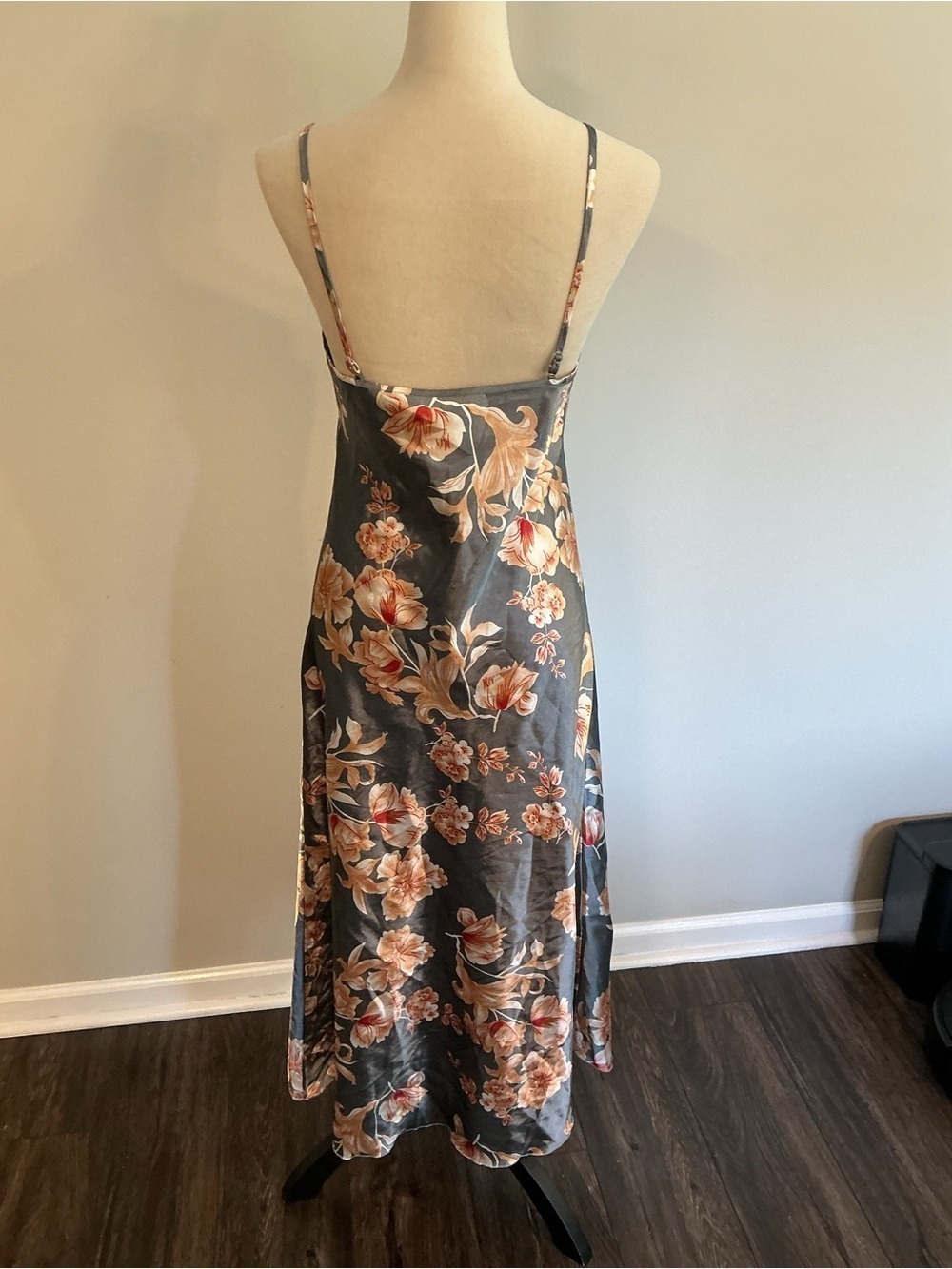 Floral Satin Slip Chemise in Slate Gray with Pink Blooms - Picture 6 of 8